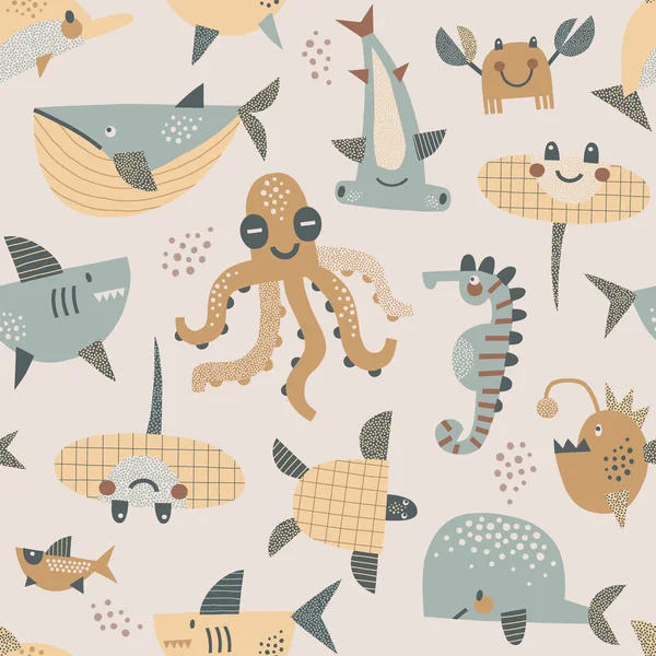 Animali sottomarini Cavalluccio marino Octopus Stingray Hammerhead Fish vector seamless pattern — Vettoriale Stock