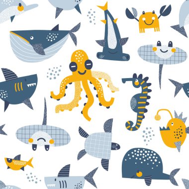 Su altı hayvanları Çekiç başlı Deniz atı Köpekbalığı Deniz Kaplumbağası İğneli Vatoz vektör kusursuz desen