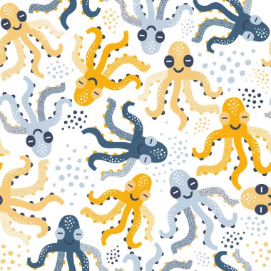 Cute Cheerful Octopus vector seamless pattern clipart