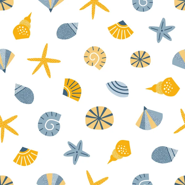 Invólucro do mar amarelo azul Conch Starfish vetor sem costura padrão —  Vetores de Stock
