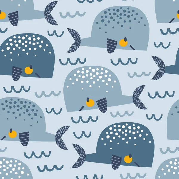 波ベクトルシームレスパターンの青い黄色のクジラ — ストックベクタ