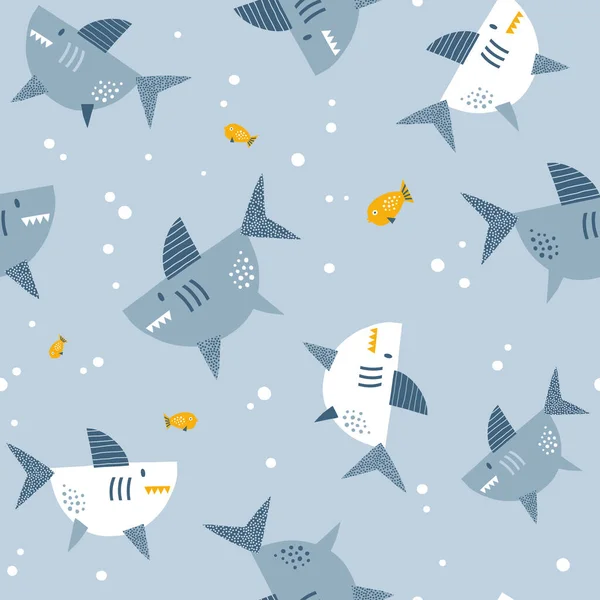 Mavi Sarı Kağıt Kesiği Köpekbalığı ve Balık Su Kabarcıkları vektörsüz desen — Stok Vektör