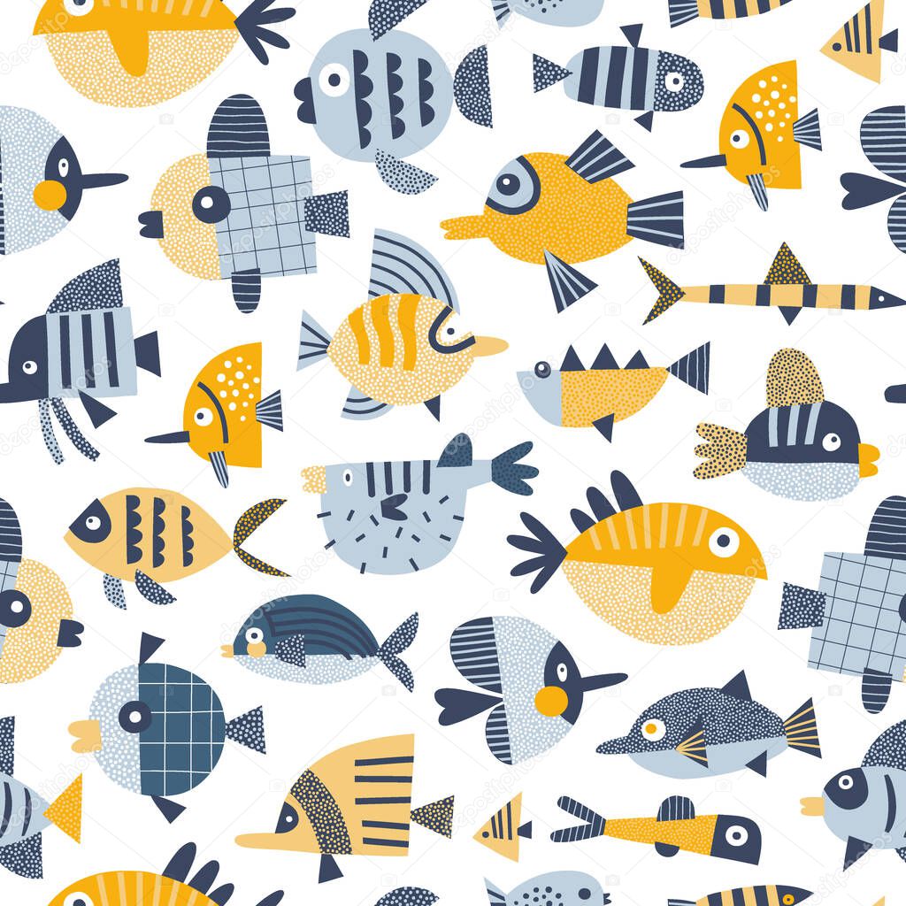 Blue Yellow Papercut Fish vector seamless pattern