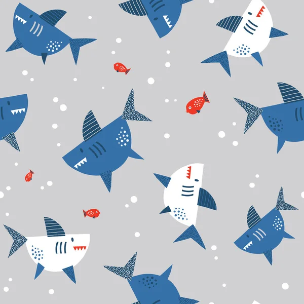 Niebieski czerwony biały Papercut Rekin i ryby pęcherzyki wody wektor bezszwowy wzór — Wektor stockowy