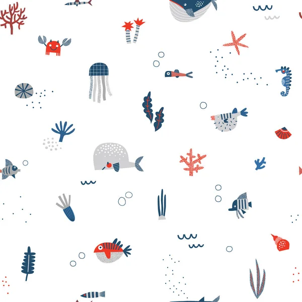 Blue Red White Under the sea life vector seamless pattern — стоковый вектор