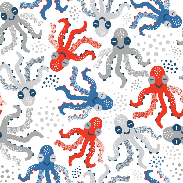 Carino felice Octopus vettore modello senza soluzione di continuità — Vettoriale Stock