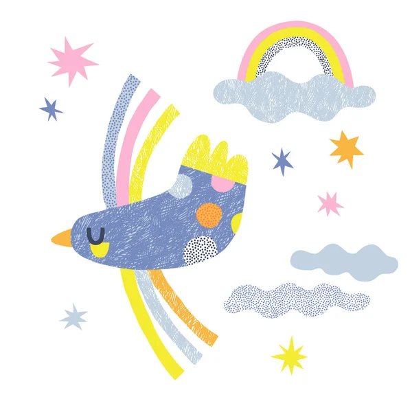Oiseau de paix enfantin dans le ciel avec des nuages arc-en-ciel étoiles illustration vectorielle — Image vectorielle