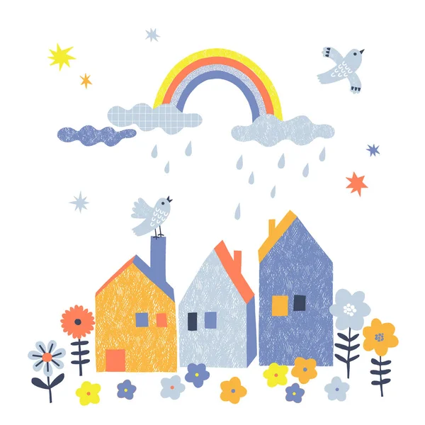 Regenachtige dag met regenboog vliegende vogels bloeien bloemen schattig huizen vector illustratie — Stockvector