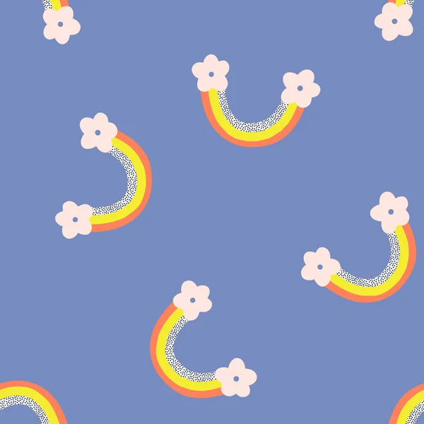 Arco iris infantil con nubes de flores vector patrón sin costuras — Vector de stock