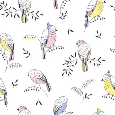 Cute doodle birds on sprigs vector seamless pattern clipart