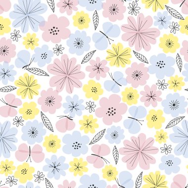 Papatya ve kelebek vektörü kusursuz desen