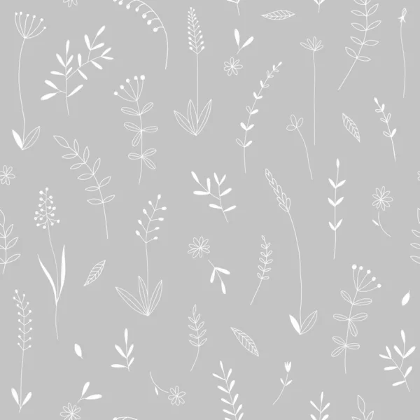 Line art style meadow plants vector seamless pattern — Stock Vector