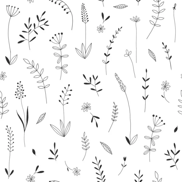 Doodle meadow plants vector seamless pattern — Stock Vector