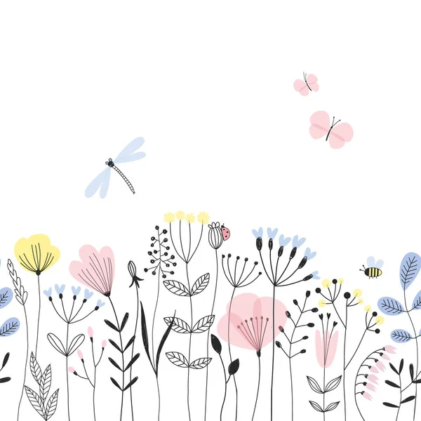 Doodle yaz çayır bitkileri ve böcekler vektörsüz yatılı desen Vektör Grafikler