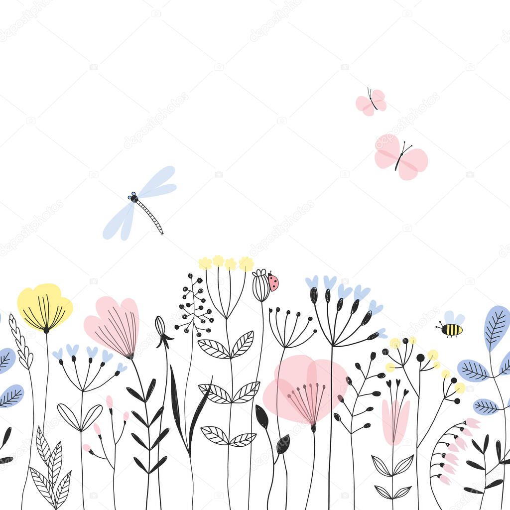 Doodle summer meadow plants and insects vector seamless boarder pattern