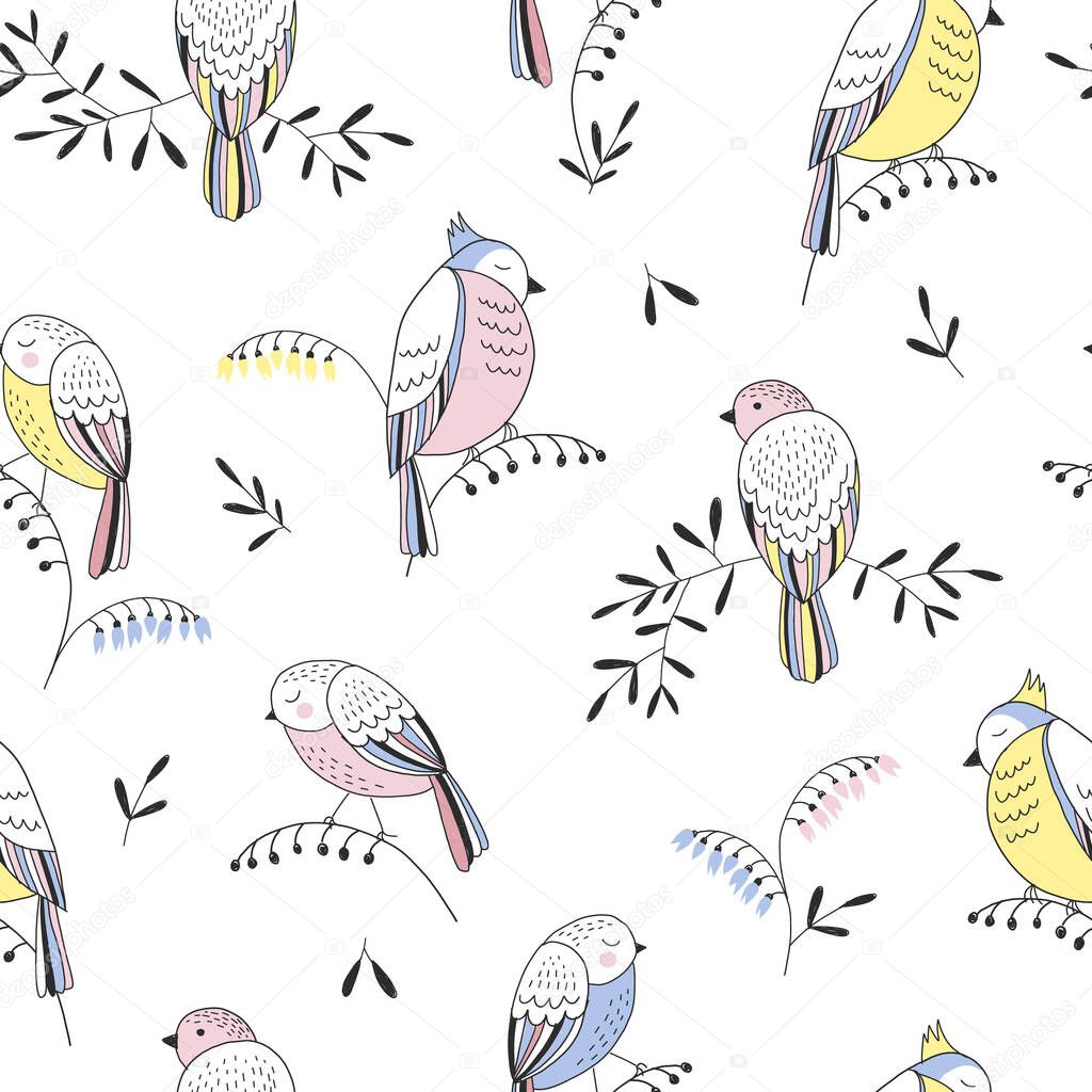 Cute doodle birds on sprigs vector seamless pattern