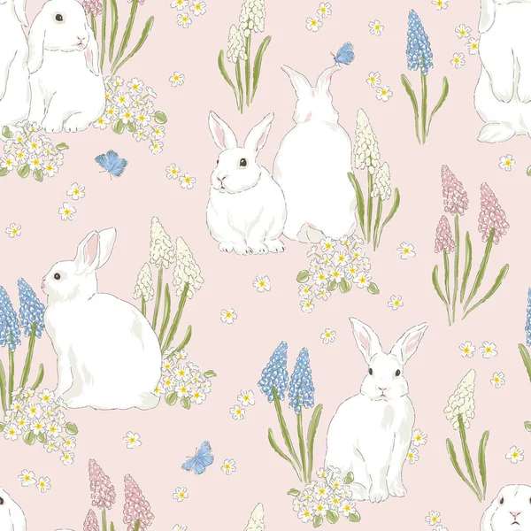 Cute bunny in Spring Bloomy garden vector seamless pattern. — Stock Vector