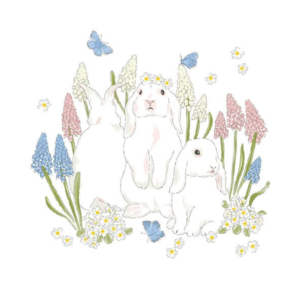 Lapin mignon au printemps Jardin fleuri avec fleurs jacinthe et illustration vectorielle dessinée à la main papillon bleu — Image vectorielle