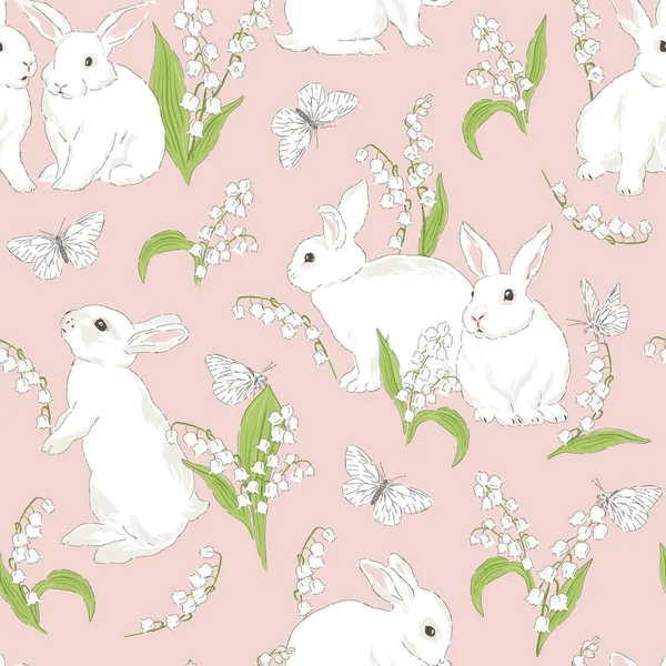 Bahar mevsiminde şirin bir tavşancık Bloomy bahçe vektöründe kusursuz desen. — Stok Vektör