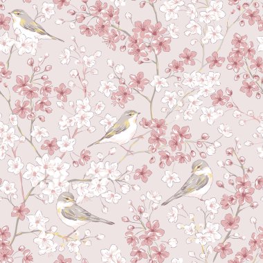 İlkbaharda Willow Warbler kuşu Sakura Kiraz çiçeği bahçe vektörü pürüzsüz desen.