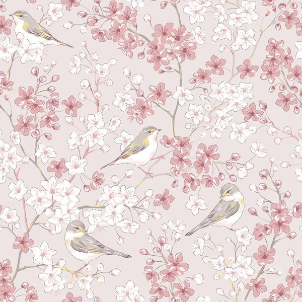 Salgueiro Warbler pássaro na primavera Sakura cereja flor jardim vetor sem costura padrão. —  Vetores de Stock