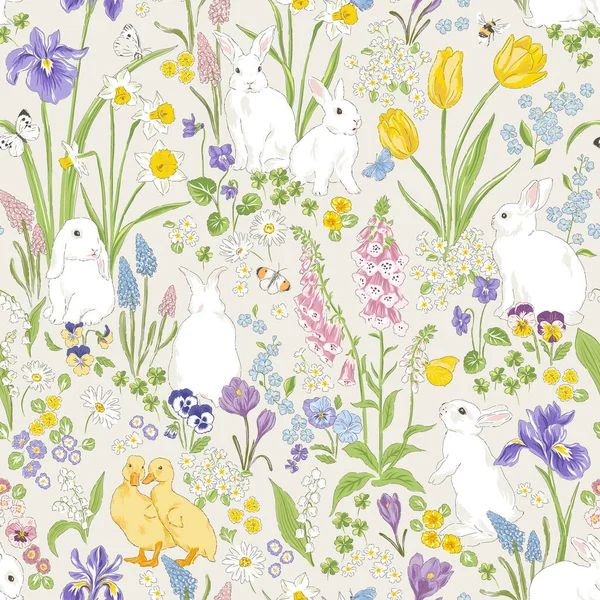 Bahar mevsiminde şirin tavşancık ve ördek yavrusu. Bloomy Garden vektörü kusursuz desen.. — Stok Vektör