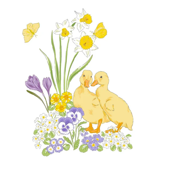 Bahar mevsiminde sevimli ördek yavrusu çiçek ve kelebek eliyle çizilmiş vektör resimleriyle dolu bir bahçede serpilmiş. — Stok Vektör
