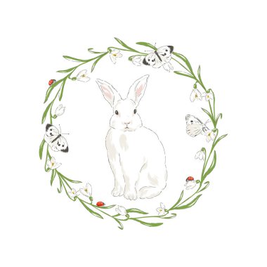 Bahar mevsiminde sevimli bir tavşancık kelebekli ve uğurböceği eli çizilmiş çiçek çelengi. 