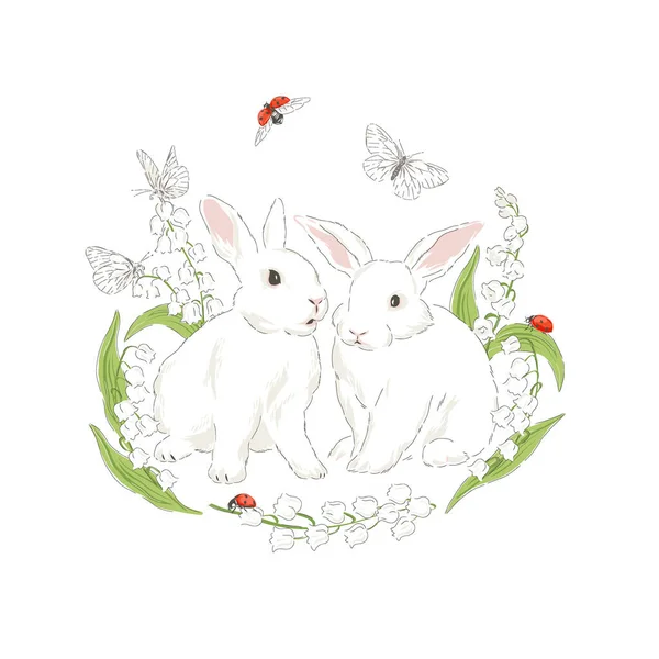 春にかわいいウサギ花の谷のユリの花蝶とてんとう虫の手描きベクトルイラスト — ストックベクタ