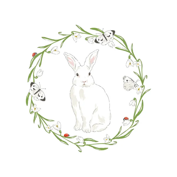 Schattig konijn in het voorjaar Sneeuwklokjes bloemen krans met vlinder en lieveheersbeestje hand getekend vector illustratie — Stockvector