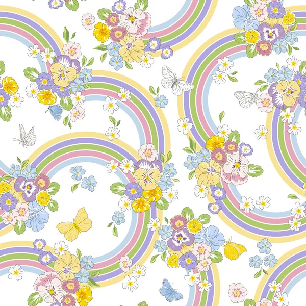 Variety Spring Garden çiçeği Kelebek ve gökkuşağı el çizimi vektörsüz desen. — Stok Vektör