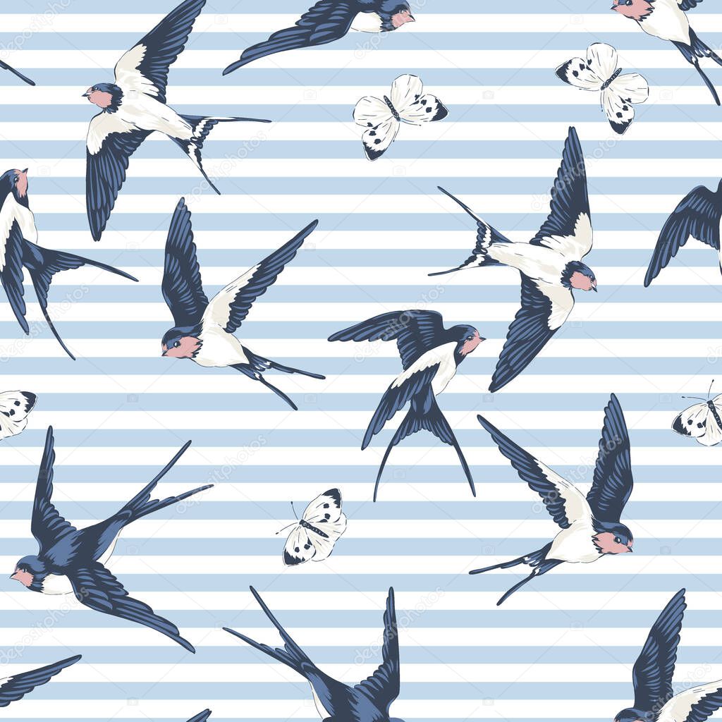 Barn Swallow flying bird and butterflies on stripes vector seamless pattern. 