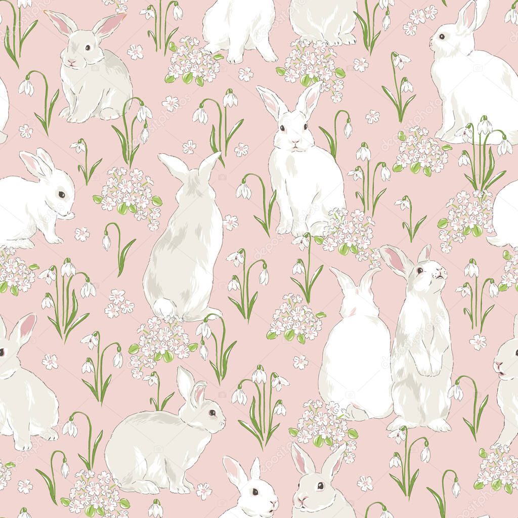 Cute bunny in Spring Bloomy garden vector seamless pattern.