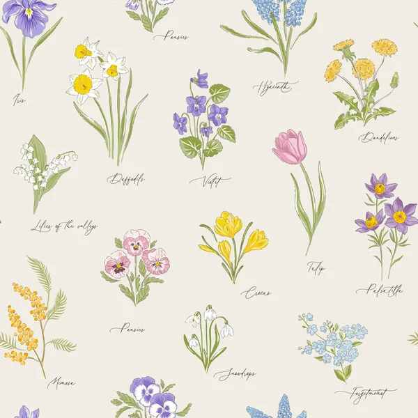 Spring Garden variety flowers hand drawn vector seamless pattern. 