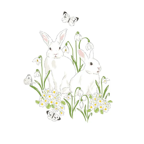 Carino coniglietto in primavera Bloomy giardino con fiori di bucaneve e farfalla disegnato a mano vettoriale illustrazione — Vettoriale Stock