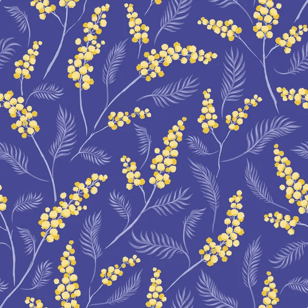 Mimosa gele bloem hand getekend vector naadloos patroon. — Stockvector