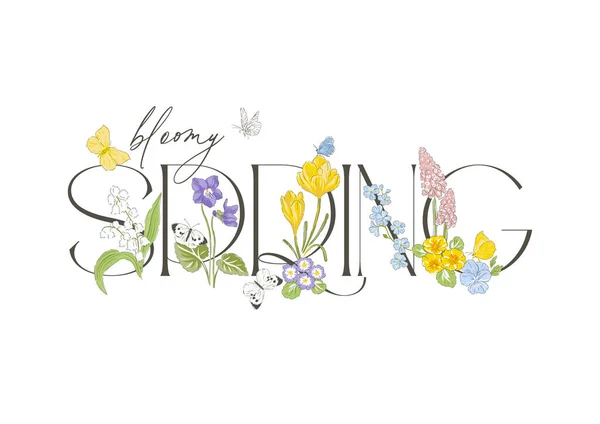 Jarní květ květina motýl ručně kreslené vektorové ilustrace — Stockový vektor