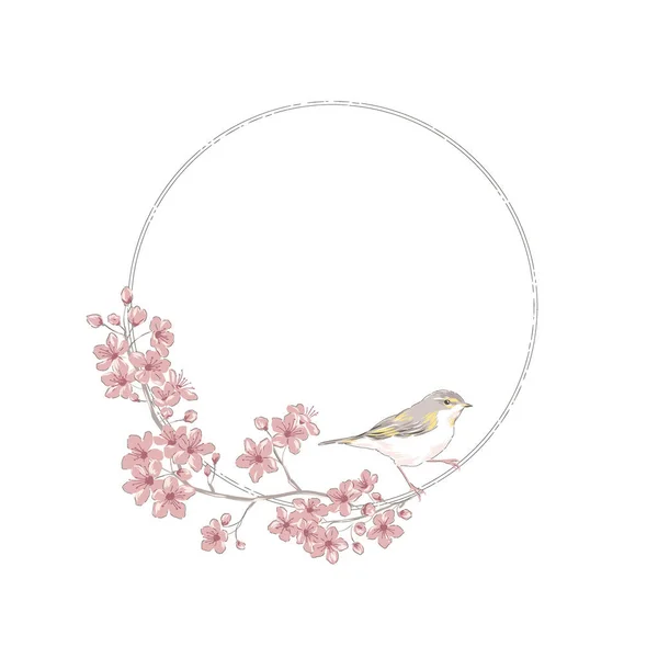 Sakura Cherry květ ručně kreslený květinový rám s ptačí vektorovou ilustrací — Stockový vektor