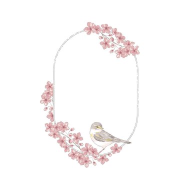 Sakura Kirazı çiçekli el çizimi, kuş vektör çizimi ile birlikte.