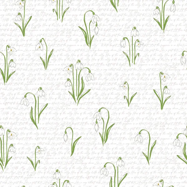 Snowdrops flower on calligraphic background hand drawn vector seamless pattern. — Stock Vector