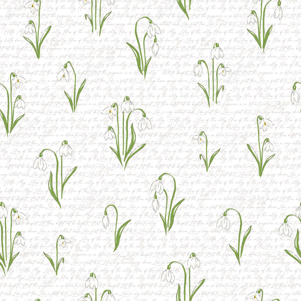 Snowdrops flower on calligraphic background hand drawn vector seamless pattern. 