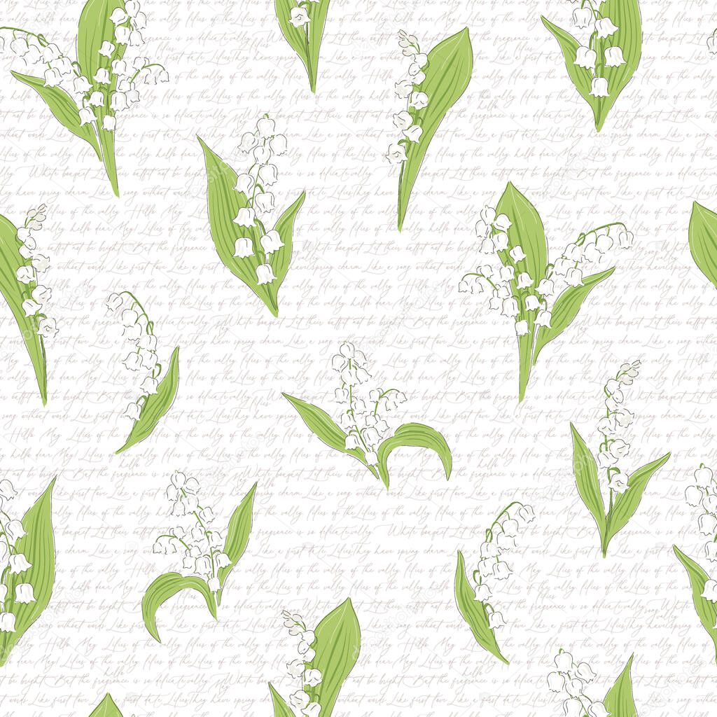 Lilies of the valley flower on calligraphic background hand drawn vector seamless pattern. 
