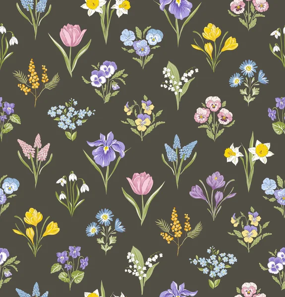 Printemps jardin variété fleurs dessin à la main vecteur motif sans couture. — Image vectorielle