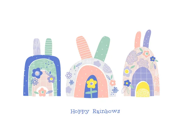 Conejo arco iris con flores vector ilustración conjunto aislado en blanco — Archivo Imágenes Vectoriales