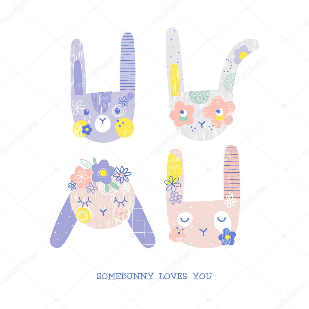 Cute romantic flourish bunny heads vector illustration set