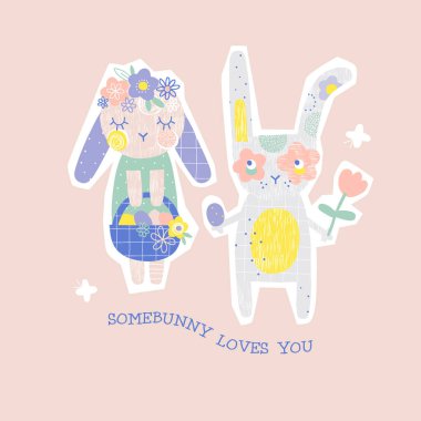 Tatlı Tavşan-oğlan sunar Tavşan-kız çiçeği ve Paskalya yumurtası çizimi