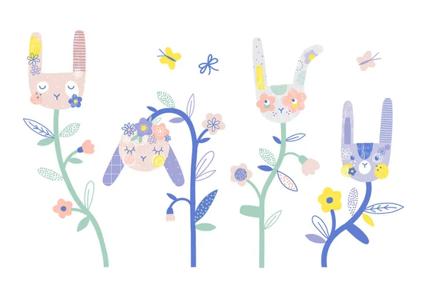 Cabezas de conejo como flores en conjunto de ilustración de vectores de jardín oníricos — Vector de stock