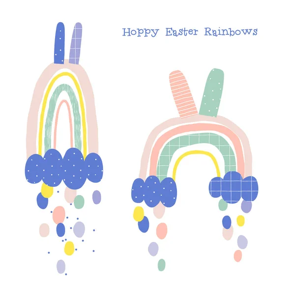 Easter bunny rainbows with clouds and rain vector illustration set — Stock Vector