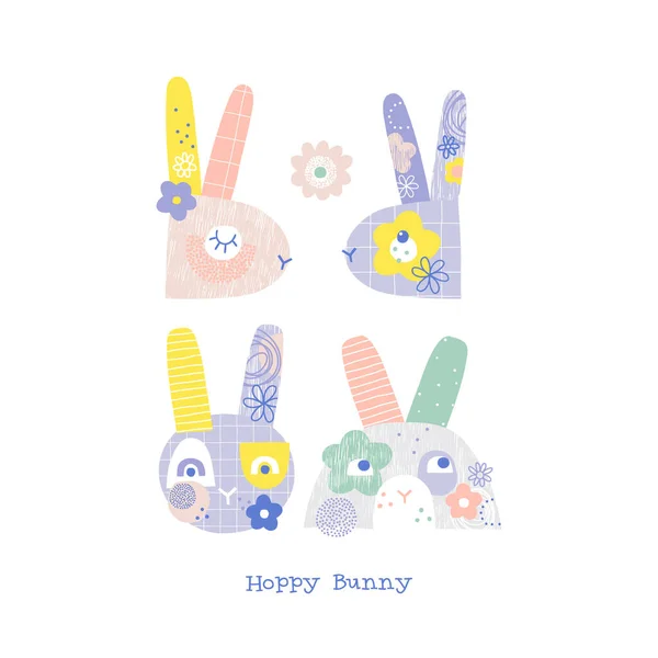 Cute flourish bunny heads vector illustration set — Stock Vector