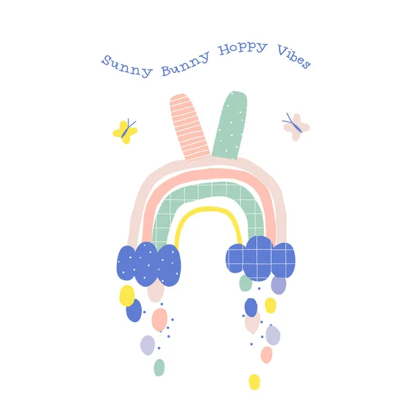 Bunny rainbow with clouds rain butterfly vector illustration — Stock Vector